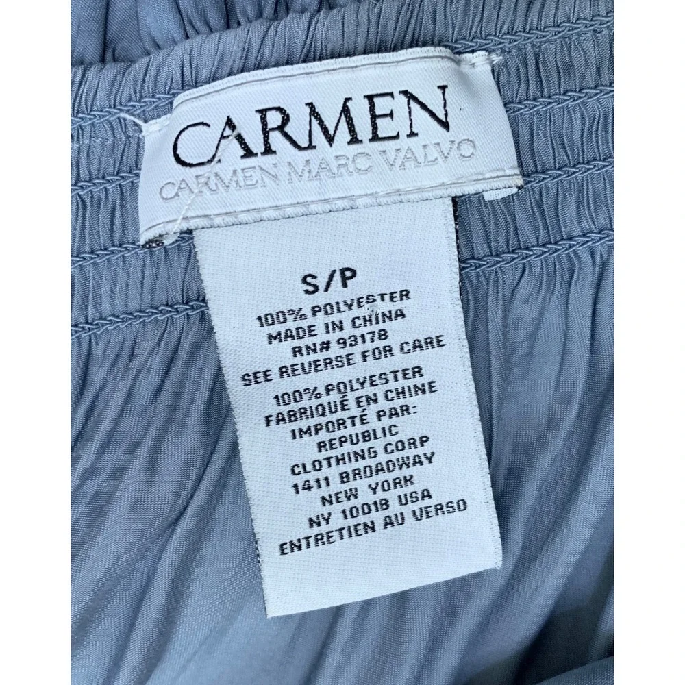 Carmen Marc Valvo Blue Smocked Ruffle Neck Satin Blouse Long Sleeve Small S/P - Picture 4 of 8
